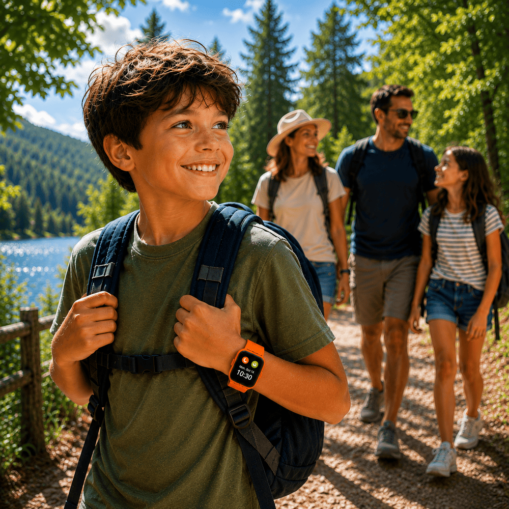 Child wearing an orange GPS smart watch during a family summer hiking trip