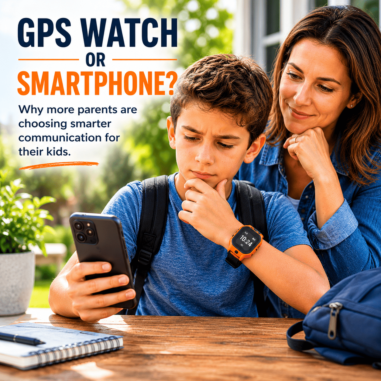 Child wearing an orange GPS smart watch while comparing it to a smartphone with a parent nearby