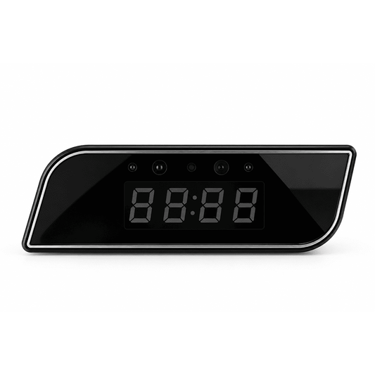 Front view of digital hidden camera clock with integrated camera and IR