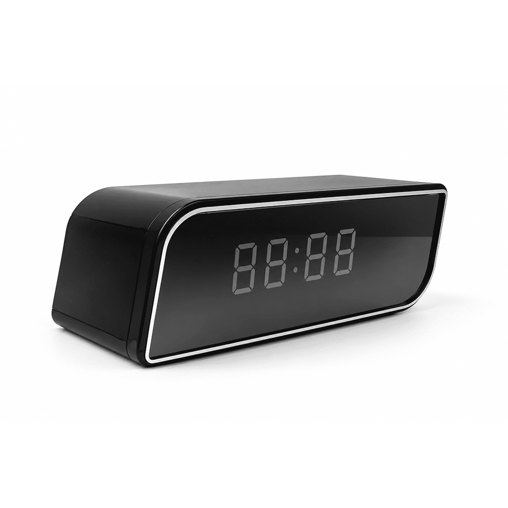 Black WiFi hidden camera alarm clock with digital display off