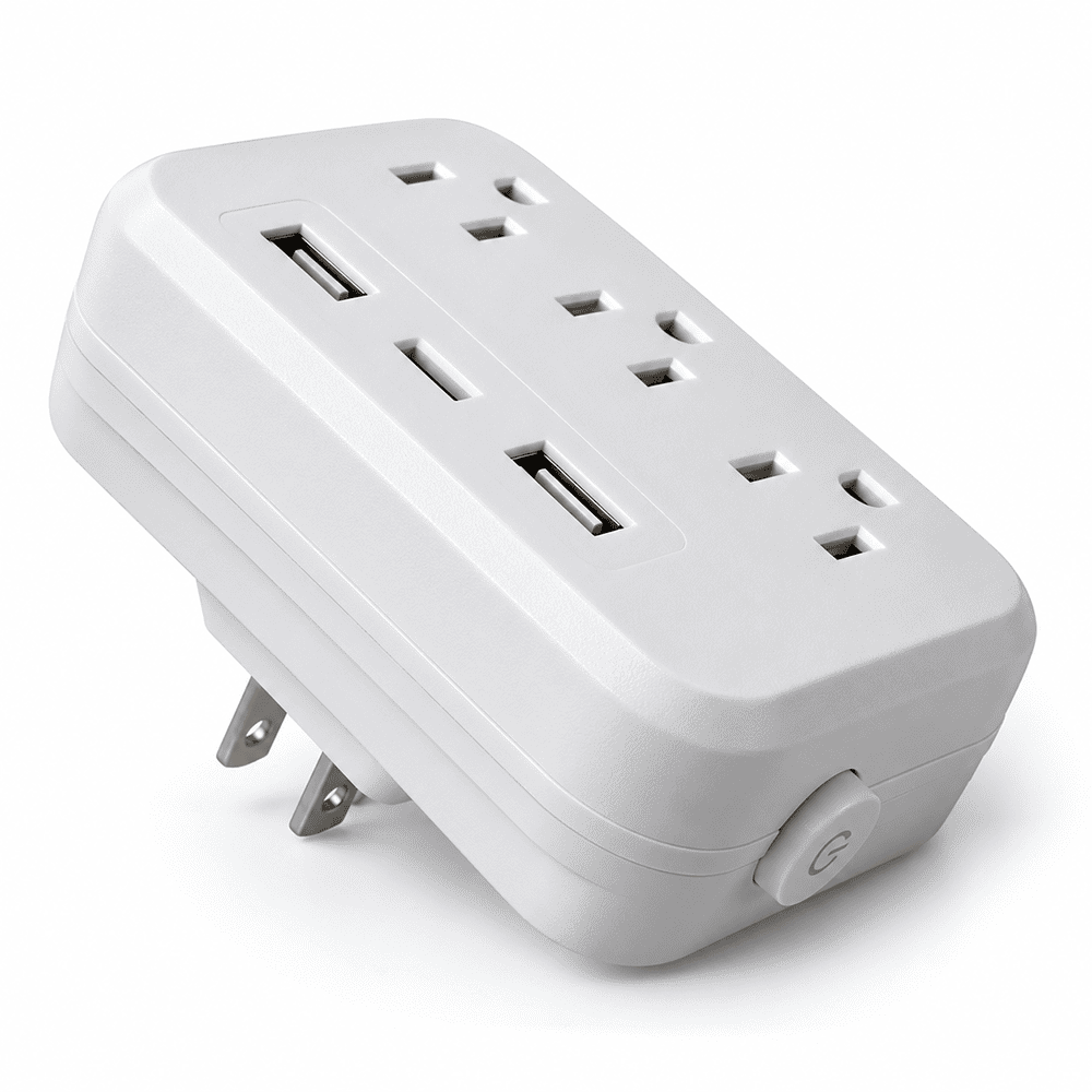 Angled view of white hidden camera wall adapter with side power switch