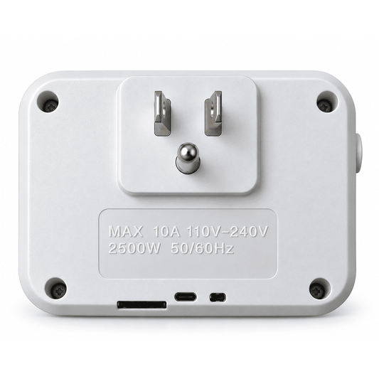 Rear of WiFi camera outlet adapter showing grounded plug and electrical rating