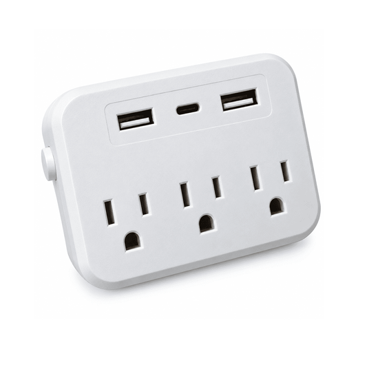 White WiFi hidden camera outlet adapter with USB-A and USB-C charging ports