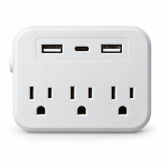 Front of WiFi hidden camera outlet adapter with camera in center ground opening