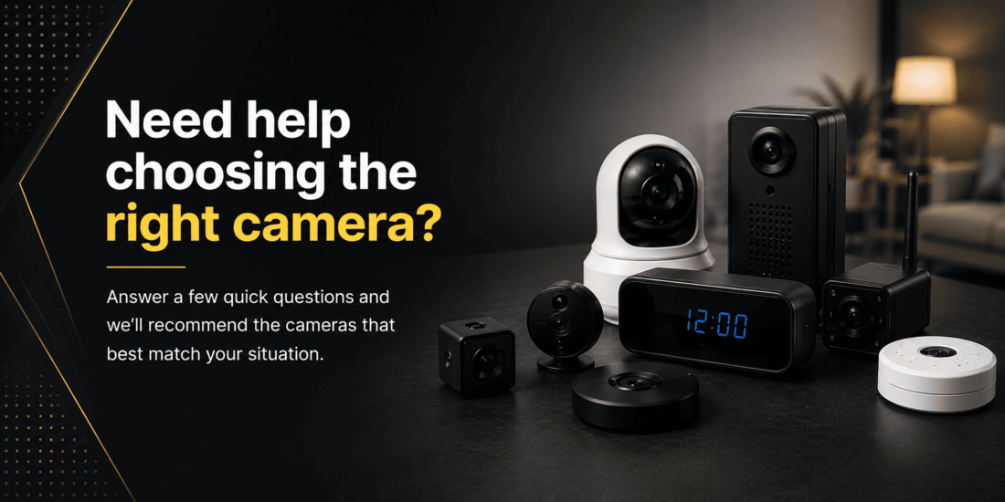 Camera advisor banner showing hidden, WiFi and security cameras to help choose the right surveillance camera