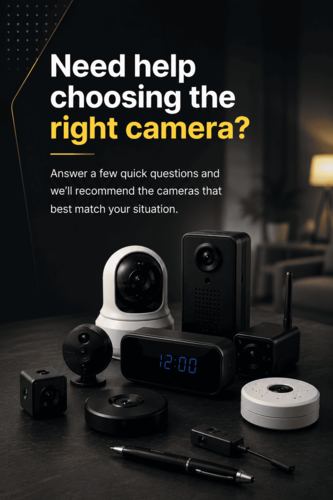 Mobile camera advisor banner featuring hidden cameras and security cameras for finding the right surveillance solution