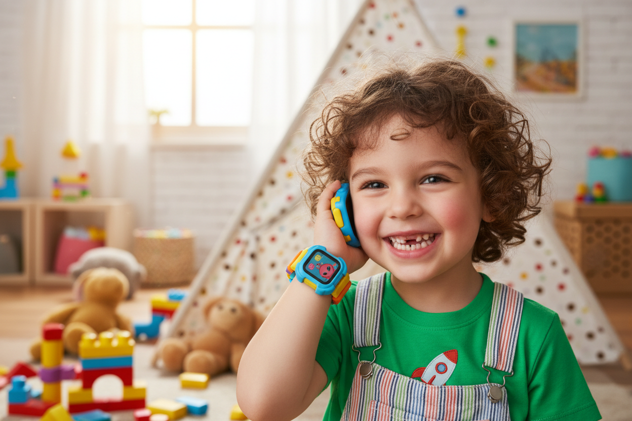 young child wearing a family managed watch phone