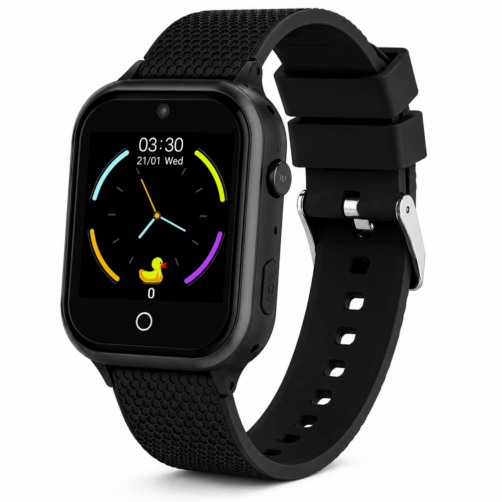 Black 4G kids GPS smart watch with video calling, GPS tracking, SOS alerts, and parent monitoring