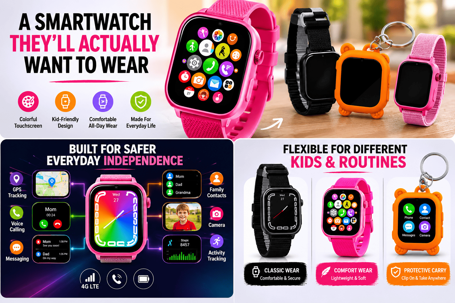 SpySite Guardian 4G LTE kids smartwatch with GPS tracking, voice calling, messaging, and interchangeable wearable styles