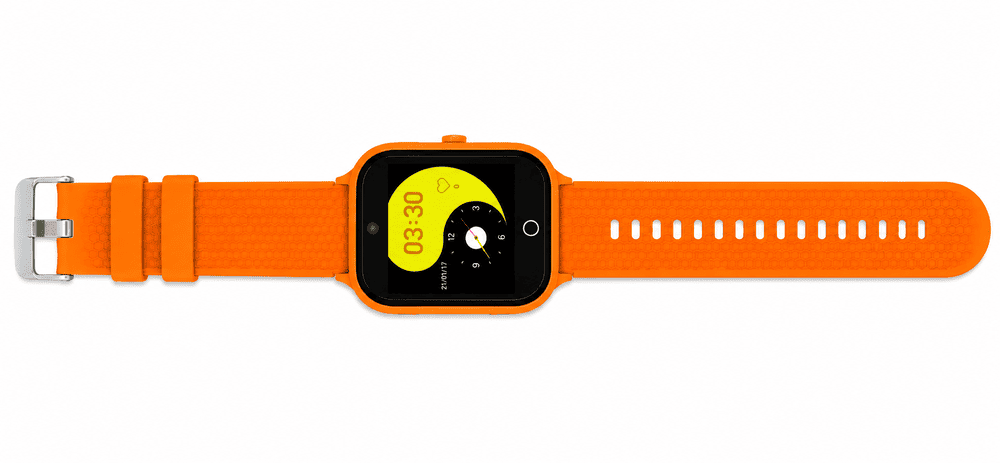 Flat lay orange kids GPS smart watch with calling, GPS tracking, SOS alerts, and live listening safety features