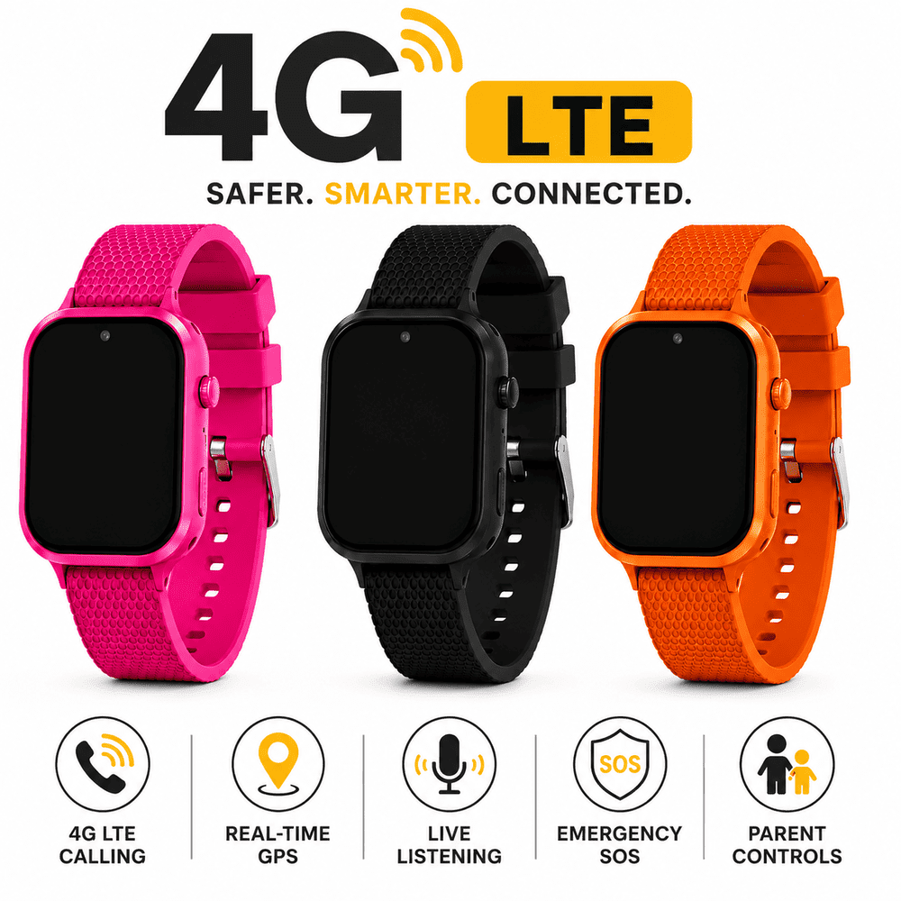 Kids 4G LTE GPS smart watch with parental controls, live listening, GPS tracking, video calling, and SOS alerts