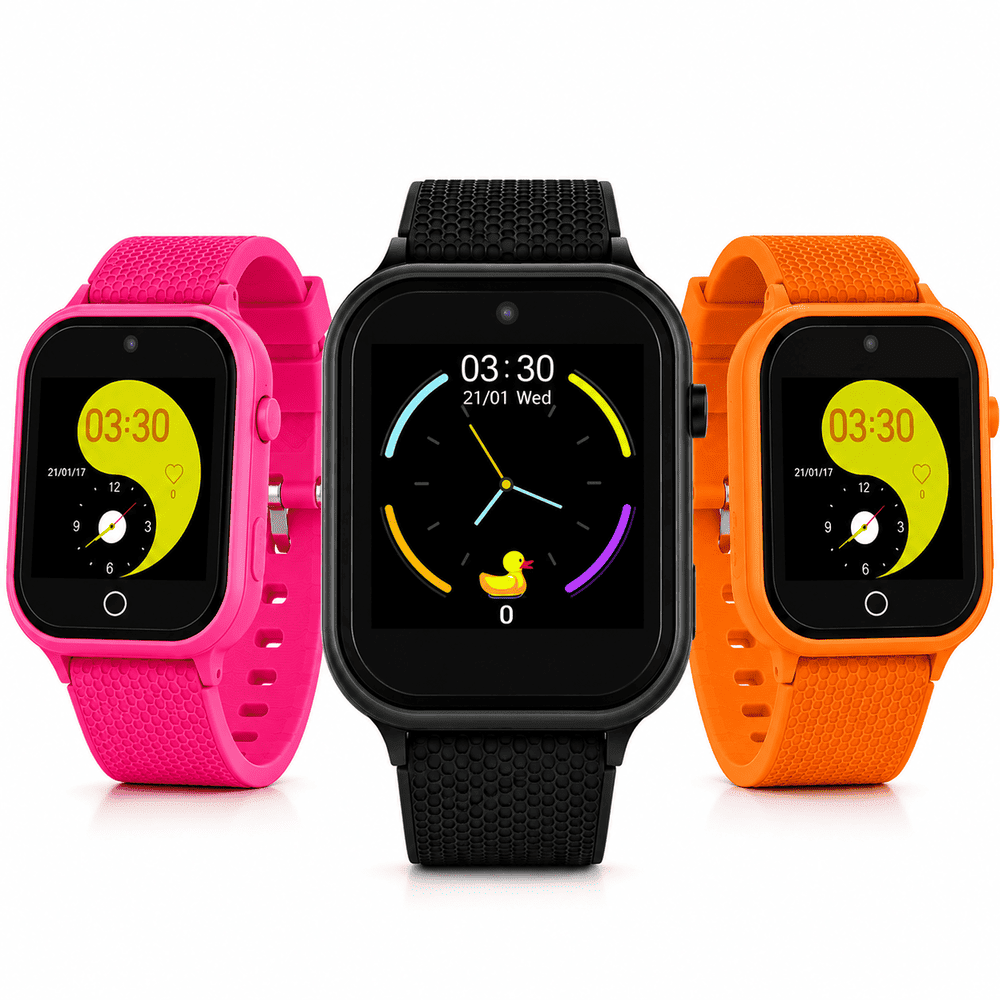 Kids GPS smart watches in pink, black, and orange with calling, GPS tracking, SOS alerts, and safety monitoring