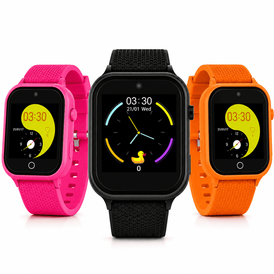 Kids GPS smart watches in pink, black, and orange with calling, GPS tracking, SOS alerts, and safety monitoring