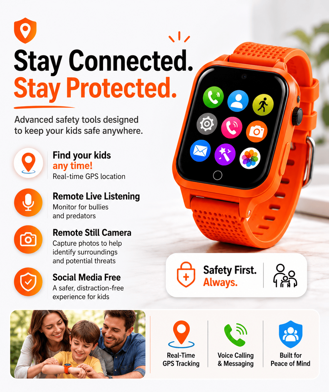 SpySite Guardian kids GPS smart watch with live GPS tracking, voice calling, remote listening, and child safety features for families