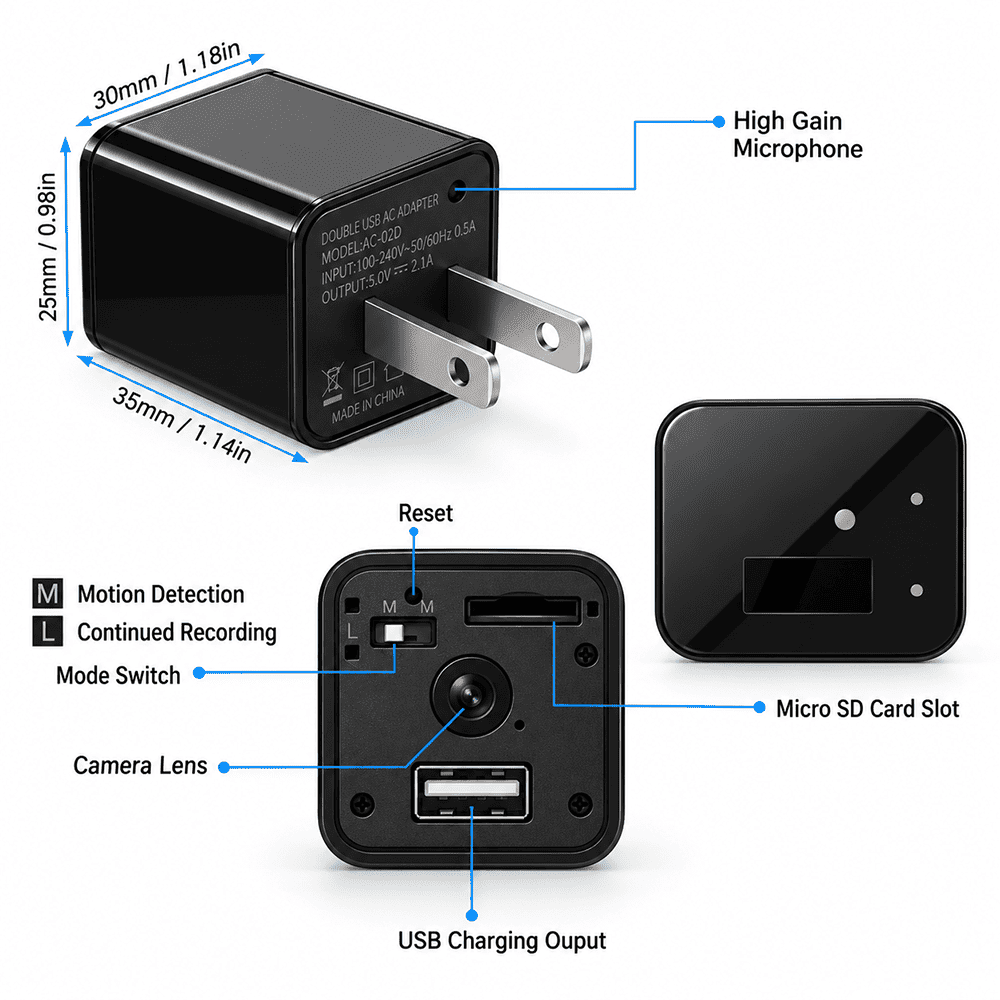 USB charger hidden camera controls showing camera lens, memory slot and recording modes