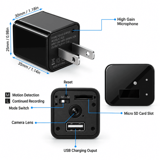 USB charger hidden camera controls showing camera lens, memory slot and recording modes