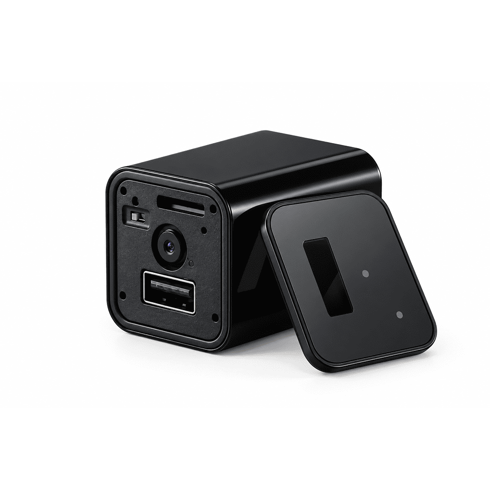 Mini USB charger hidden camera with cover removed to show camera lens and memory slot