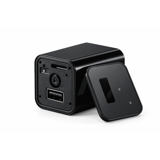 Mini USB charger hidden camera with cover removed to show camera lens and memory slot