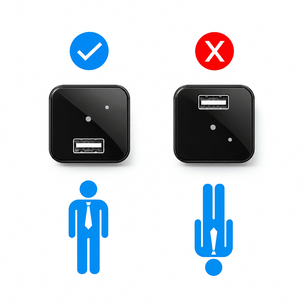 USB charger hidden camera showing correct upright wall outlet position