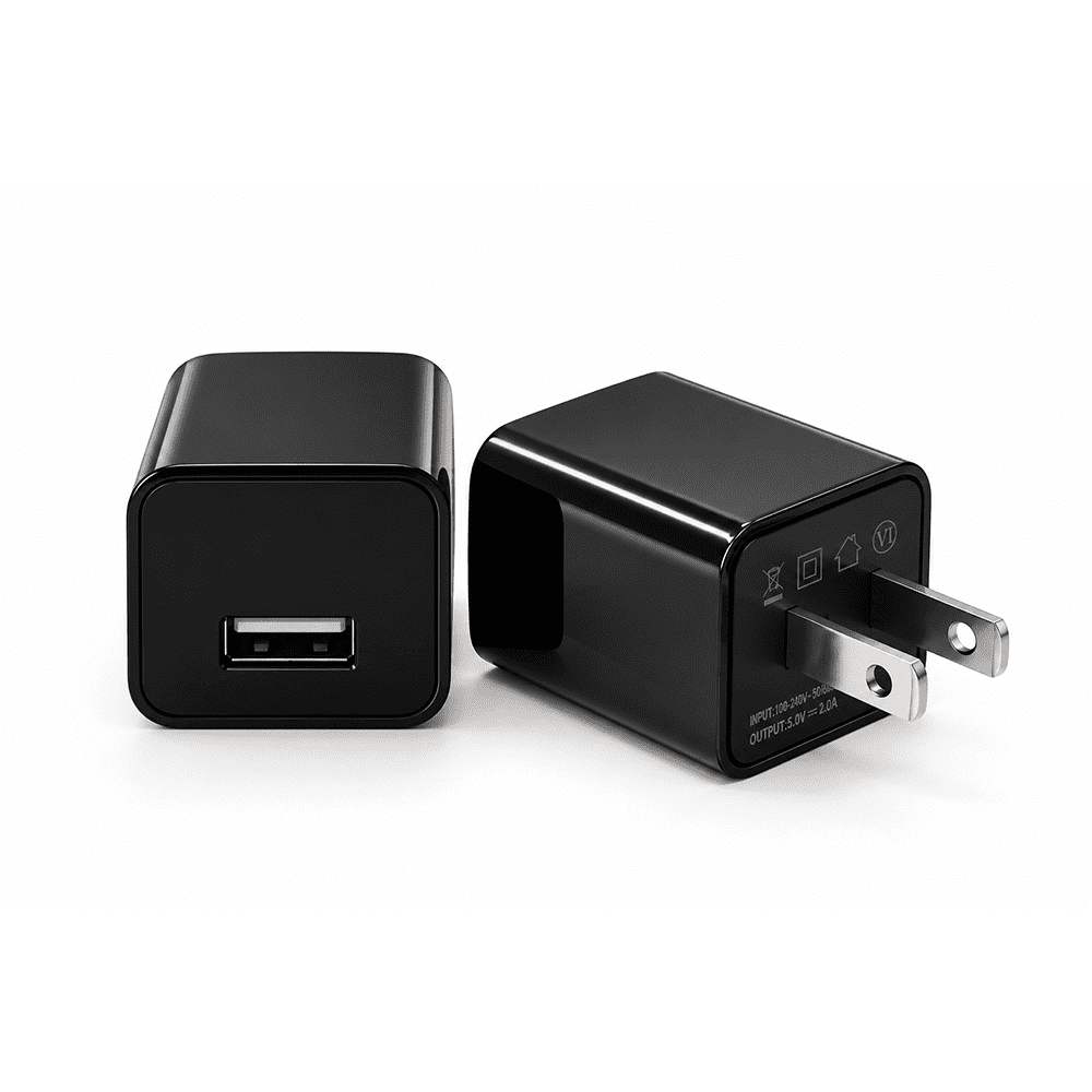 Compact USB wall charger hidden camera showing Type-A port and U.S. outlet plug