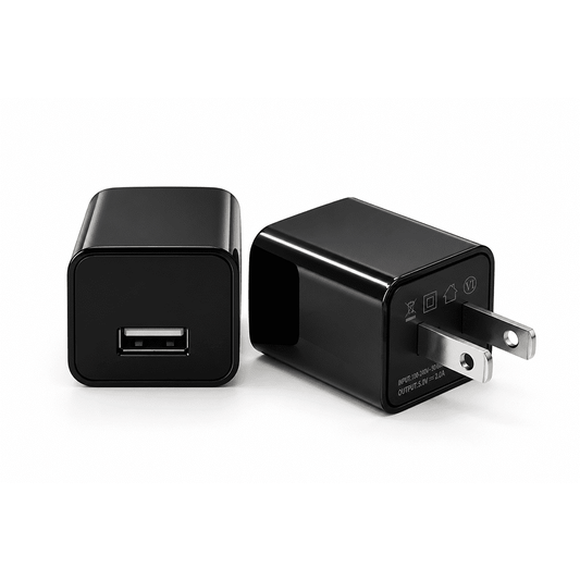 Compact USB wall charger hidden camera showing Type-A port and U.S. outlet plug