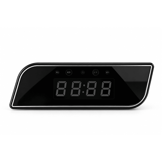 Front view of digital hidden camera clock with integrated camera and IR
