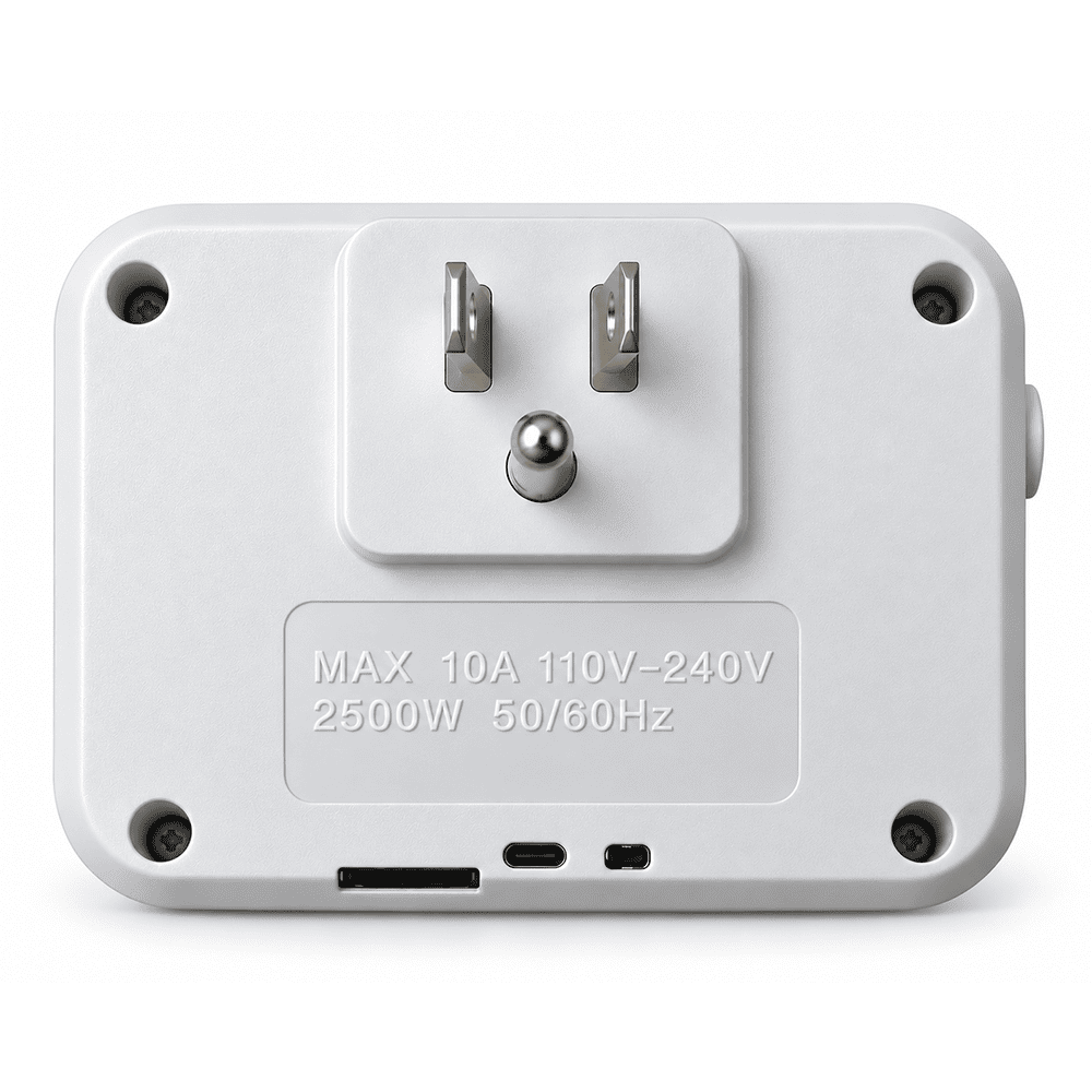 Rear of WiFi camera outlet adapter showing grounded plug and electrical rating