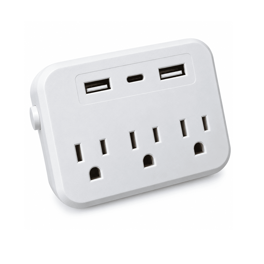 White WiFi hidden camera outlet adapter with USB-A and USB-C charging ports