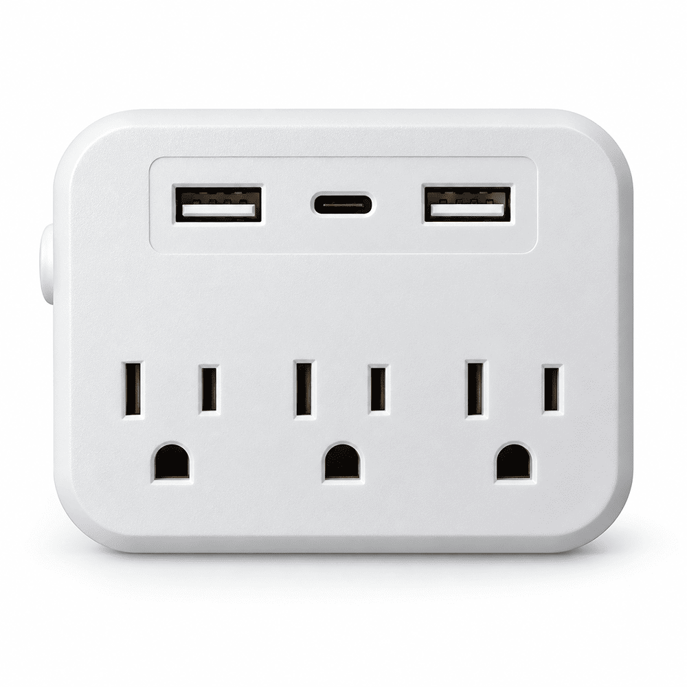 Front of WiFi hidden camera outlet adapter with camera in center ground opening