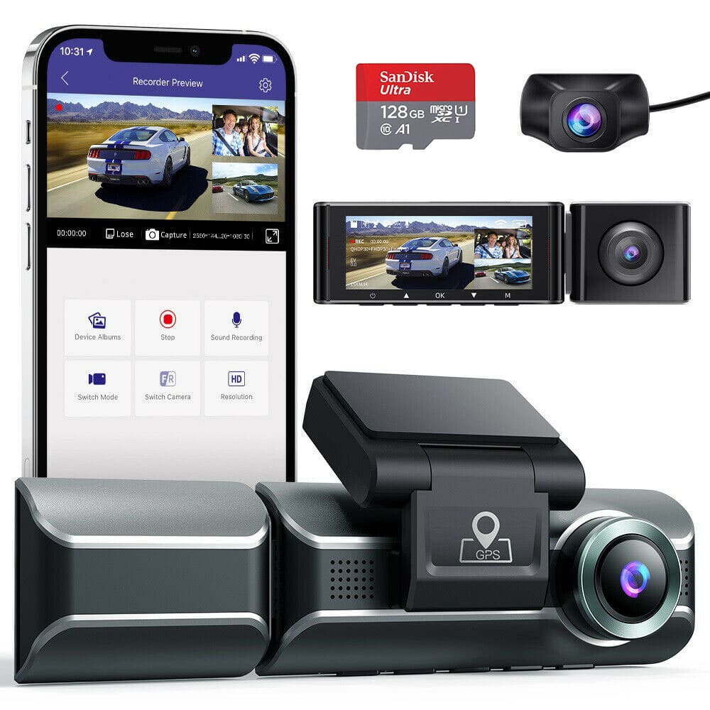 3 Camera 4K Dashcam System with Screen Night Vision GPS & Wi - Fi - SSS Corp.# - variant_sku# - tripple camera dashcam system