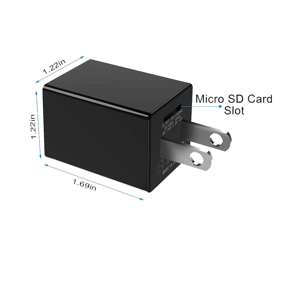 WiFi hidden camera wall charger showing microSD memory card slot and compact plug design