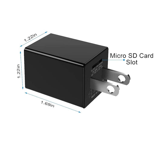 WiFi hidden camera wall charger showing microSD memory card slot and compact plug design
